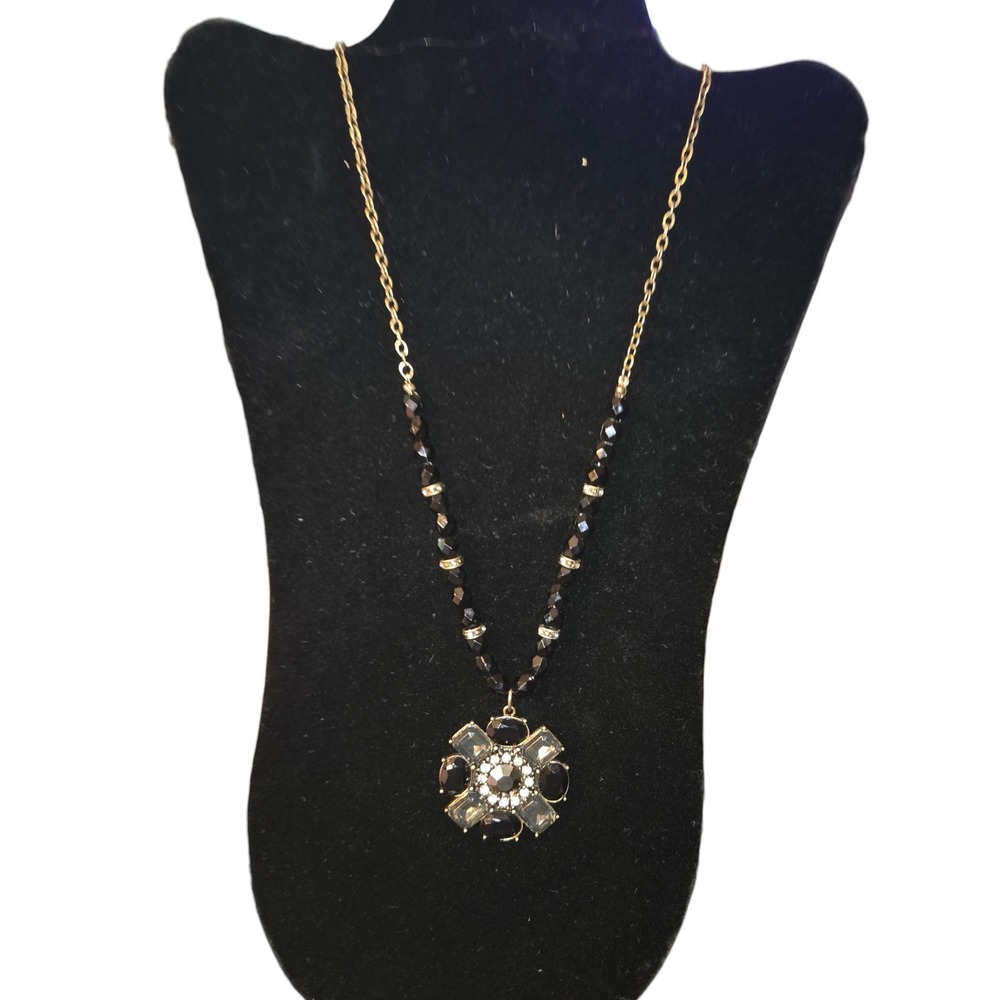 SHA Pendant Necklace Womens Gold Tone Black Glass Jewel Statement Piece 32 Inch